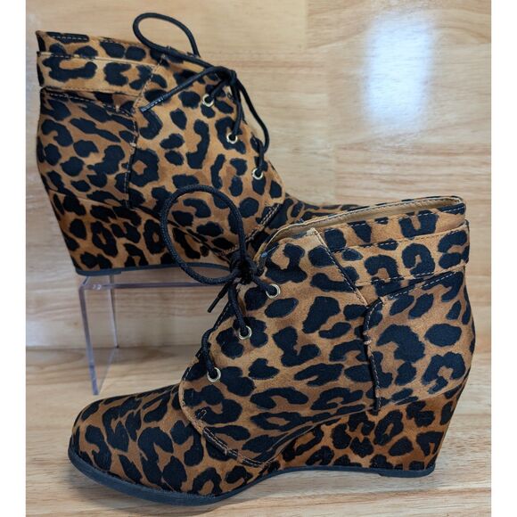 Rampage Maiden Leopard Print Wedge Ankle Boots Women's Size 10M Lace Up Booties - Picture 1 of 11
